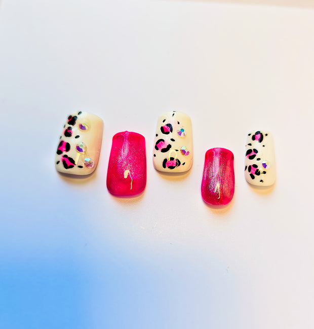 Hot Pink Cat Short and Sassy Hand Painted Press On Nails