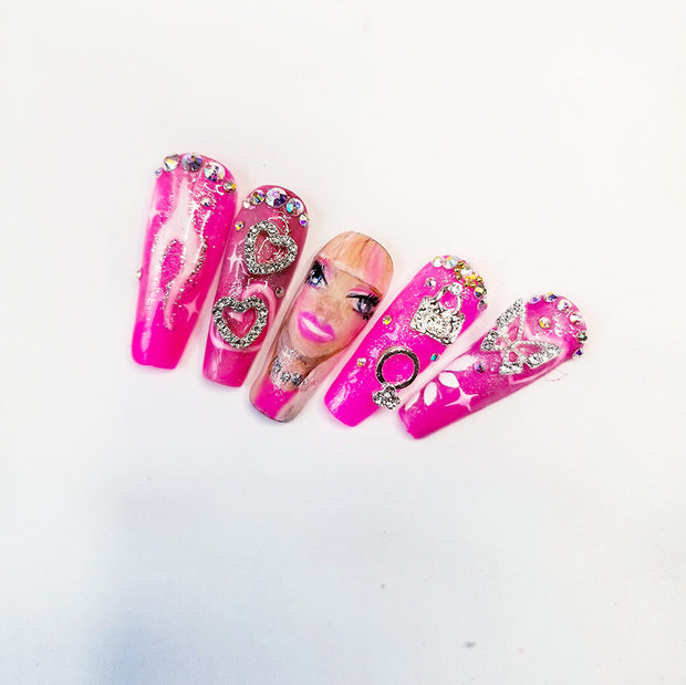 Material Girl Long Hand Painted Gel Press On Nails