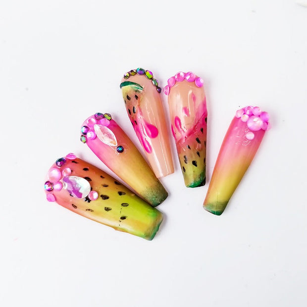 Melon Madness Hand Painted Gel Press On Nails