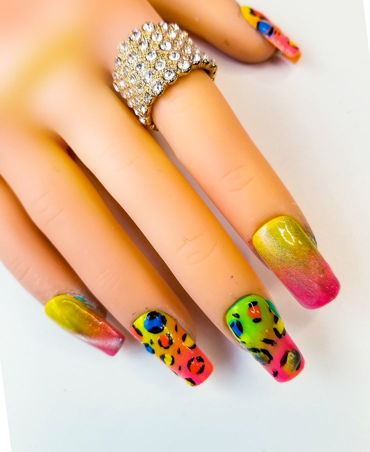 Neon Cat Short and Sassy Hand Painted Press On Nails