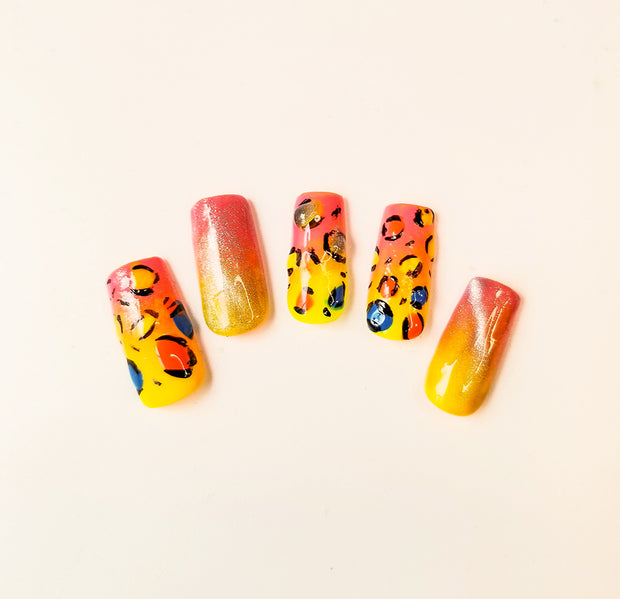 Neon Cat Long Hand Painted Gel Press On Nails