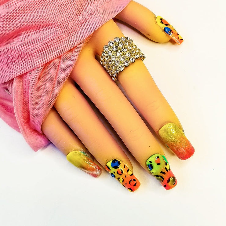 Neon Cat Long Hand Painted Gel Press On Nails