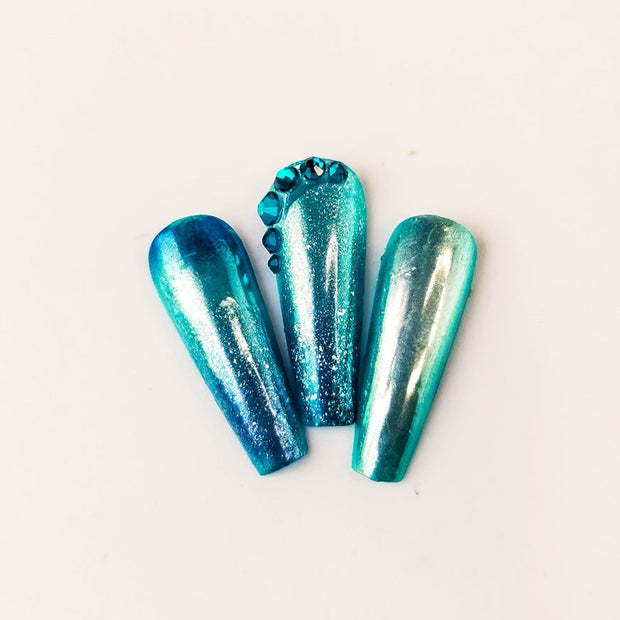 Metallic Turquoise Chrome Hand Painted Gel Press On Nails