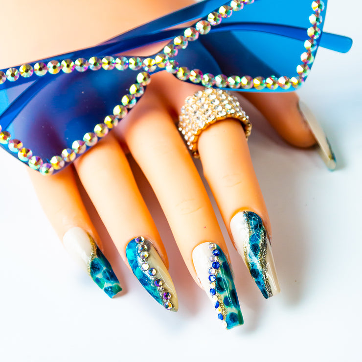 Crystal Blue Hand Painted Gel Press On Nails