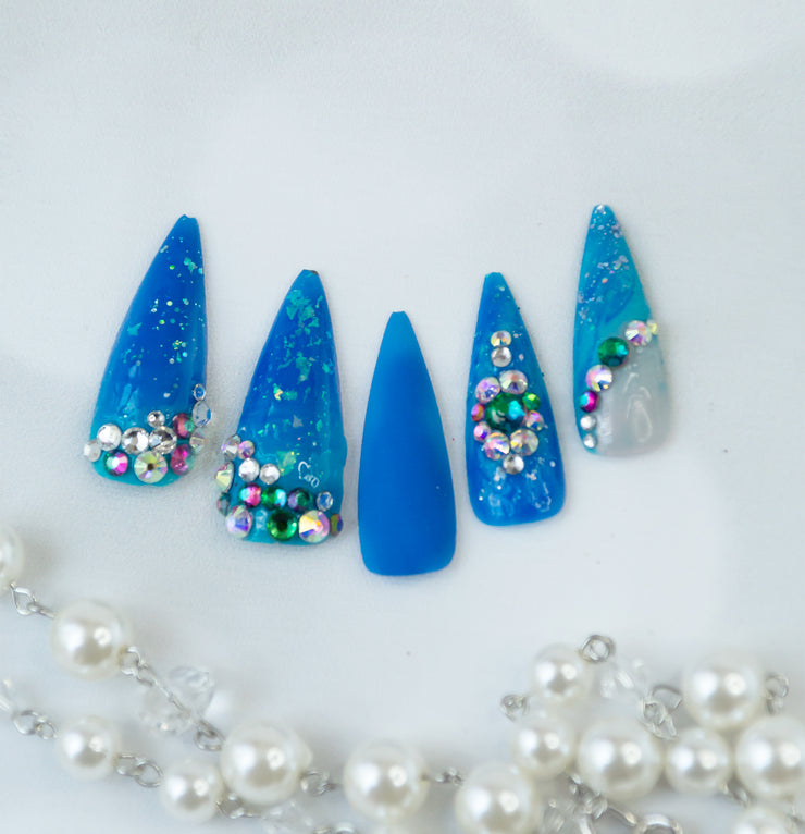 Lapis Crystal Hand Painted Gel Press On Nails