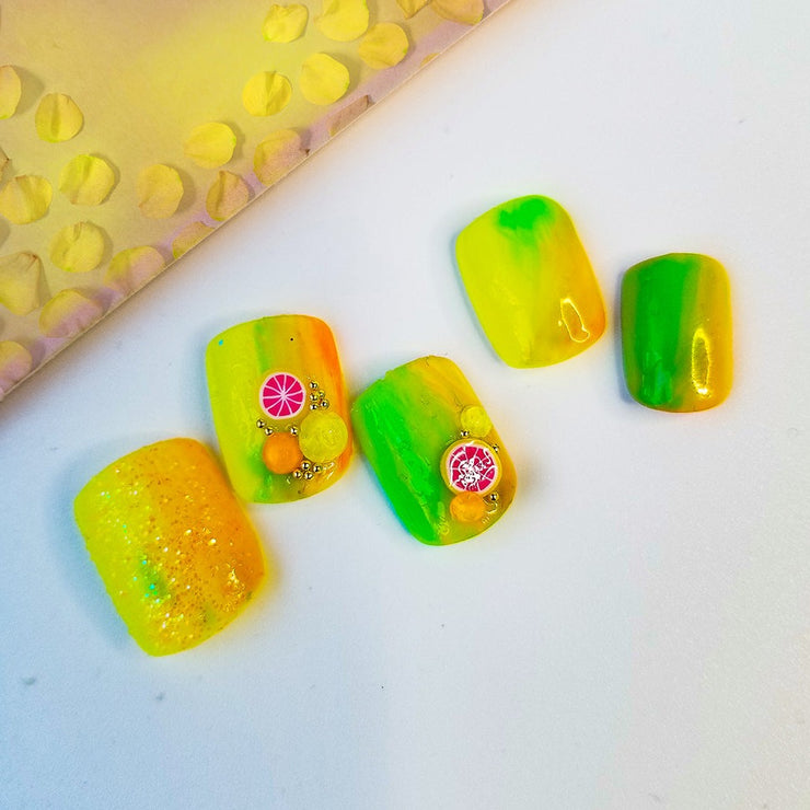 Lemon Limeade Short and Sassy Hand Painted Press On Nails
