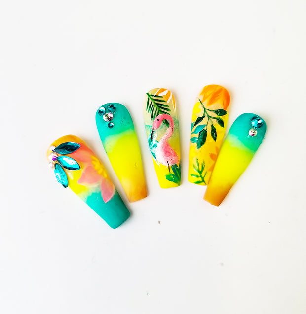 Miami Vibes Hand Painted Gel Press On Nails