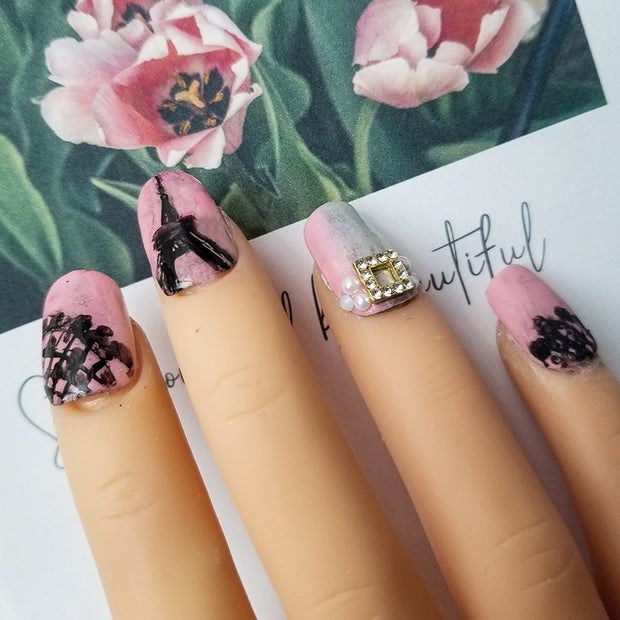 Parisian Glam Short and Sassy Hand Painted Press On Nails