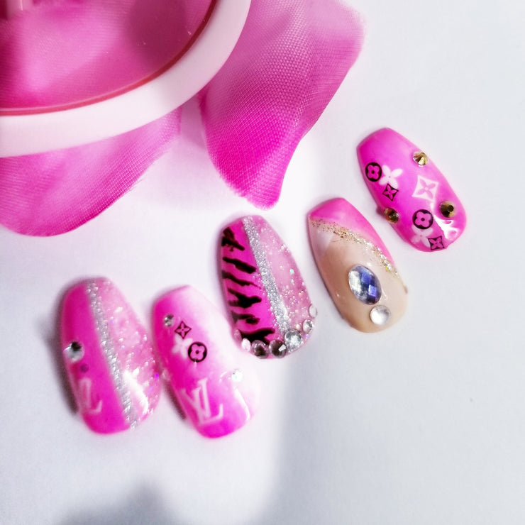 Pink Couture Short and Sassy Hand Painted Press On Nails