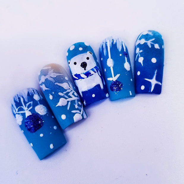 Windy Winter Blues Short and Sassy Hand Painted Press On Nails
